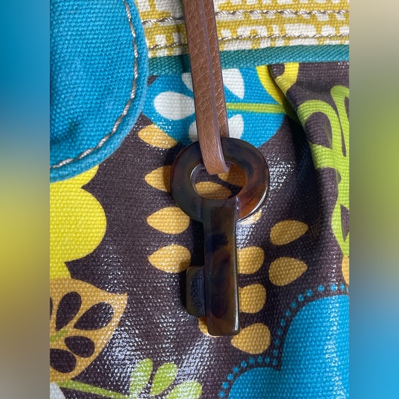 Fossil KeyPer Yellow Plaid Tulip Coated Canvas Purse Bag Tie Handles Key Charm - Picture 3 of 11